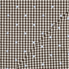 Verhees Katoen viscose - Embroidery  - Check   - Brown Blue Flowers