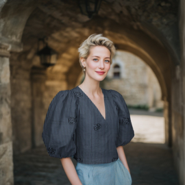 Verhees - Viscose  - Stripes - 3D Flowers  - Indigo