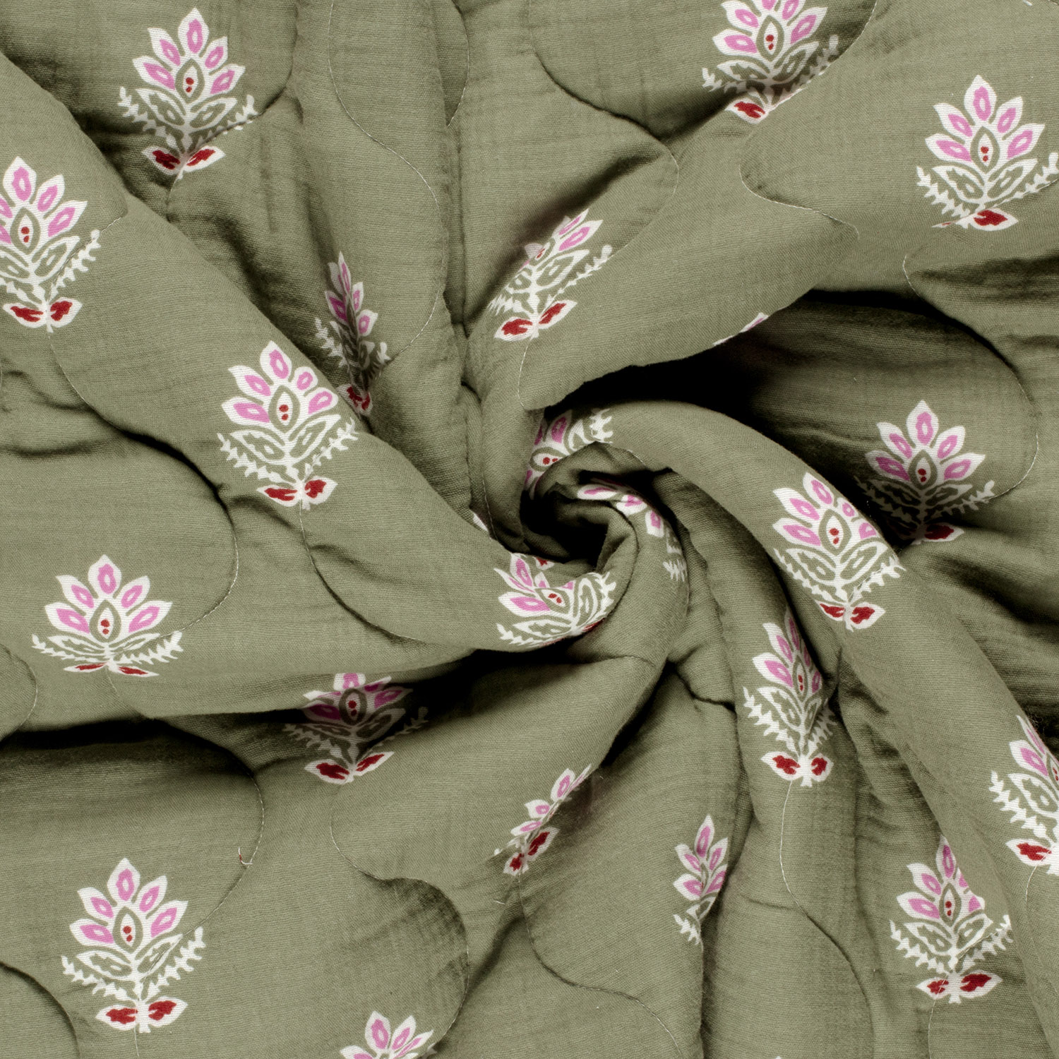 Stepped - Quilted - Ikat Flowers   - Double Sided -  Green Bordeaux