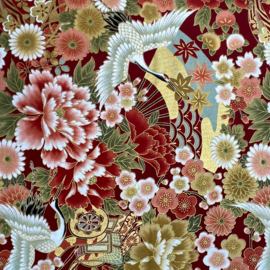 Japanese Cotton Floral Print - Tsuru to Hana, fan - Red