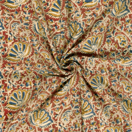 katoen Print - Voile - Batik -  Indien Flowers    - Red Blue Ochre