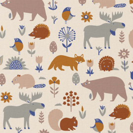 Katoen Poplin Print - Wood Animals - Natural