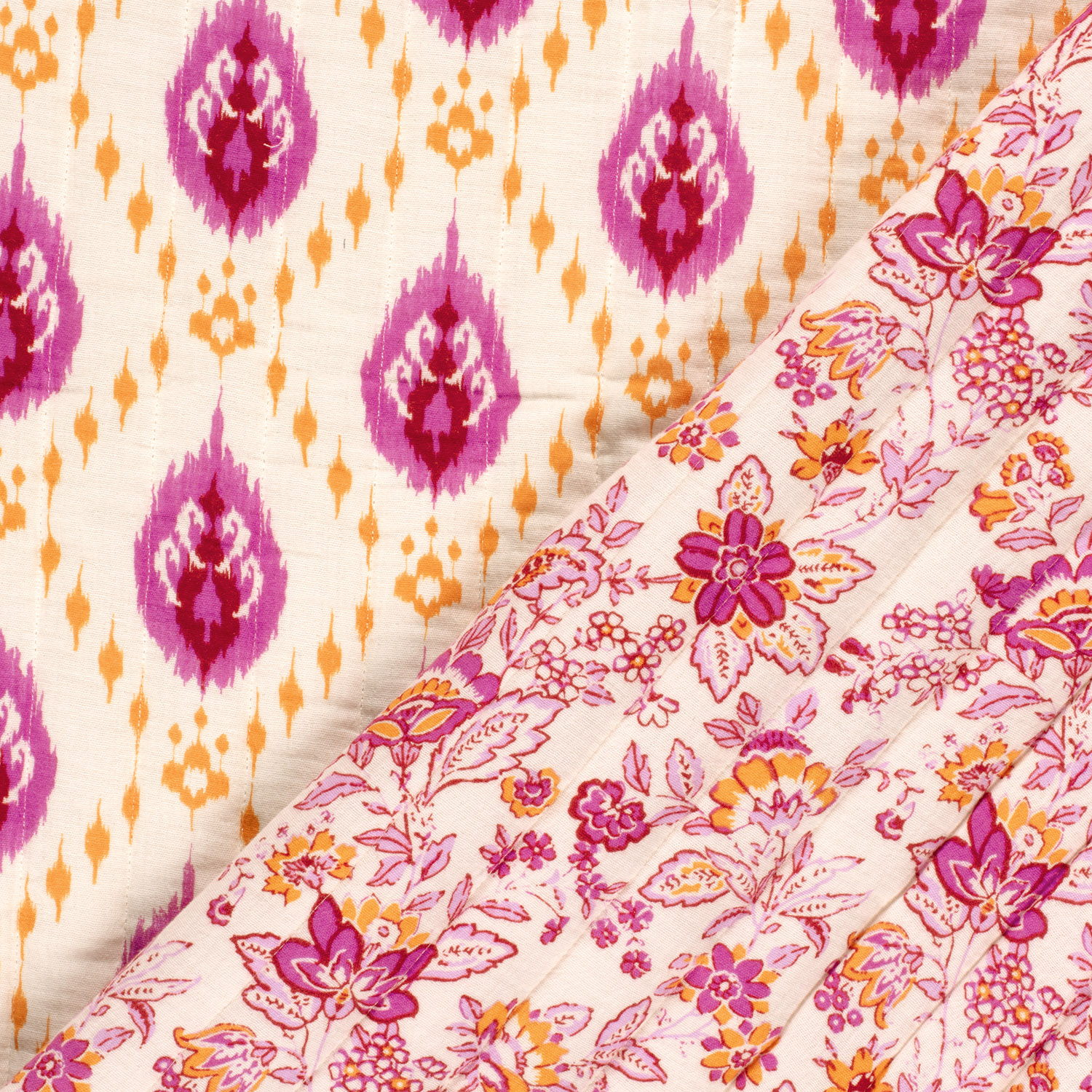 Stepped - Quilted - Ikat Flowers   - Double Sided -  Pink Yellow