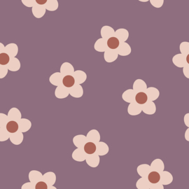 French Terry  Cotton - Pink Flowers  - Mauve 043