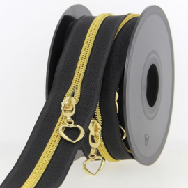 Rits - Zwart  - Hartje  ( wordt verkocht per 30 cm met 1 trekker )