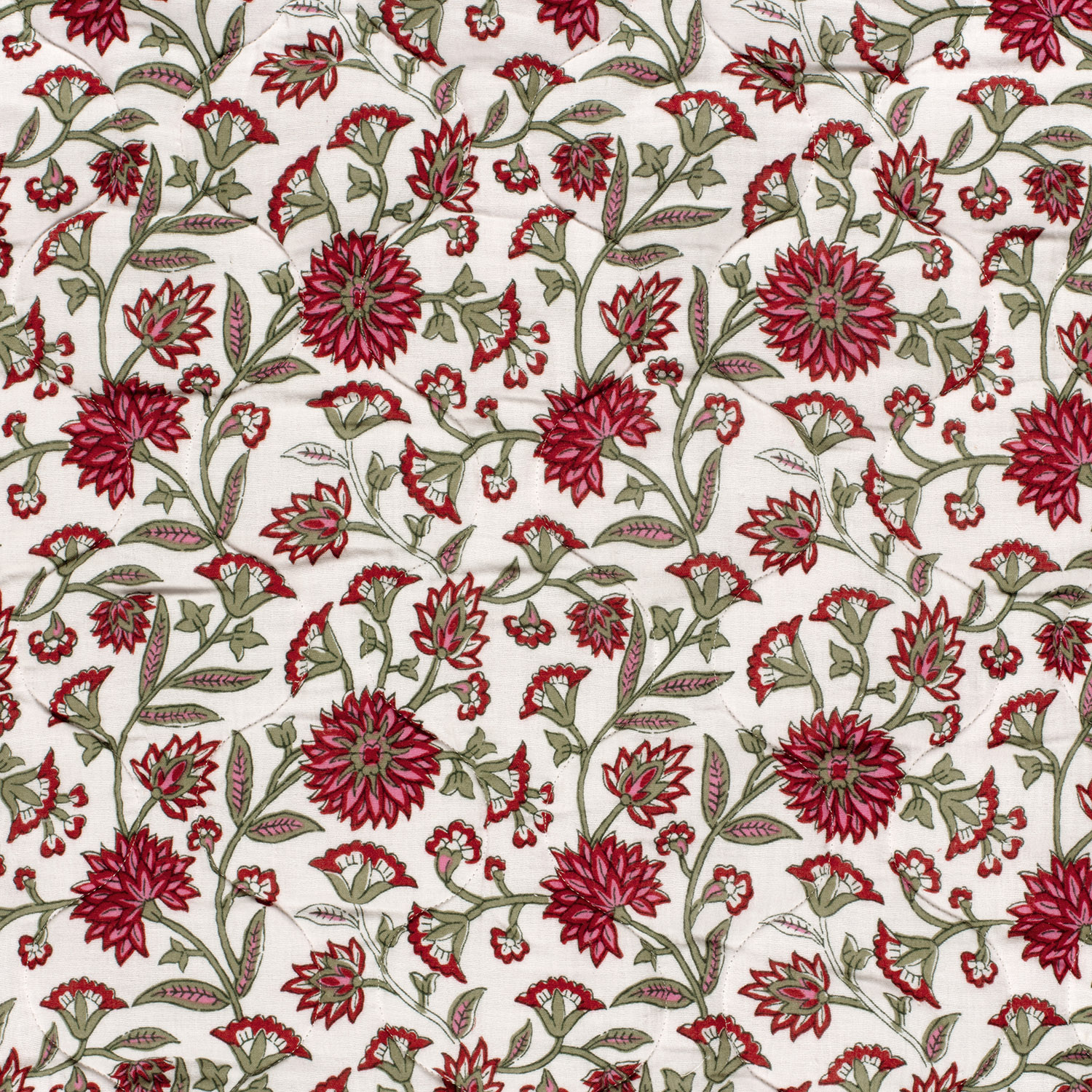 Stepped - Quilted - Ikat Flowers   - Double Sided -  Green Bordeaux