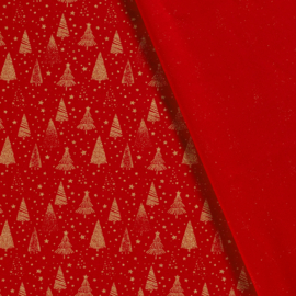 Katoen Print Kerst - Christmas Tree   - Red Foil Gold
