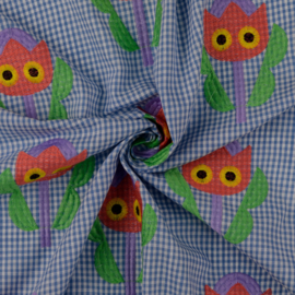Broderie -  Katoen  -  Checks - Tulip Faces - Blue