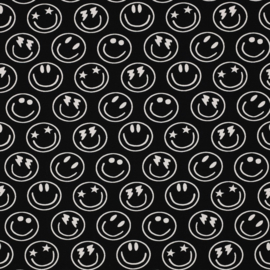 Verhees Textiles - Tricot Jersey  Print - Smiley   -  Black White