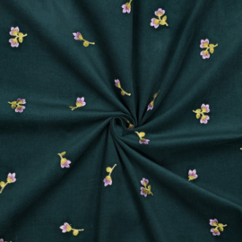 Babycord - Embroidery Flowers  - Dark Green