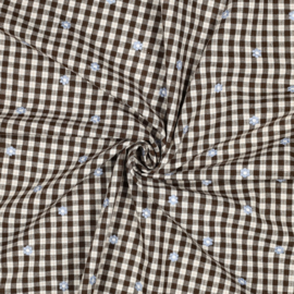 Verhees Katoen viscose - Embroidery  - Check   - Brown Blue Flowers