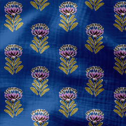Double Gauze - Blockprint  Flowers   - Blue Green Lilac