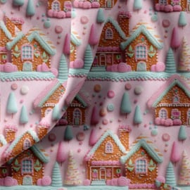 Katoen Poplin - Peperkoek Huisjes - Pink