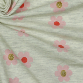 Tricot Print - Glitter  Flowers  - Ecru Melange