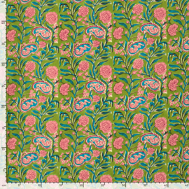 katoen Print - Voile - Batik  - Pink Flowers   - Bright Green