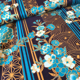 Japanese Floral Print | Blue Kikus and golden Tsurus on navy blue - Cotton