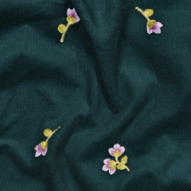 Babycord - Embroidery Flowers  - Dark Green