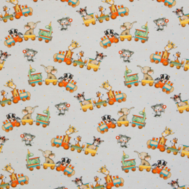 Swafing Tricot Jersey  - Retro Print - Animals in the Train  - Light GreyBlue