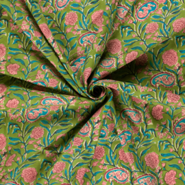 katoen Print - Voile - Batik  - Pink Flowers   - Bright Green