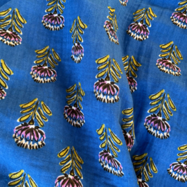Double Gauze - Blockprint  Flowers   - Blue Green Lilac