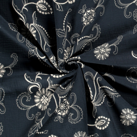 Double Gauze - Mousseline - Embroidery - Flowers - Navy