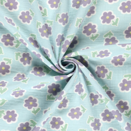 Double Gauze - Lilac Flowers   - Acqua Blue
