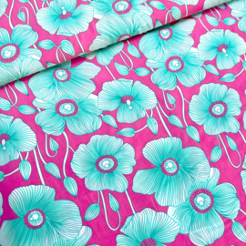 Deadstock -  Viscose - Flowers  - Acqua Fuchsia