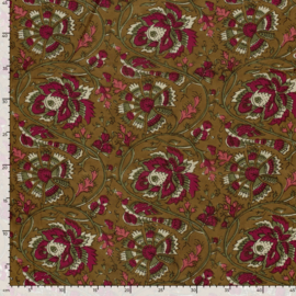katoen Print - Voile - Batik  - Dark Red Flowers   - Moss  Green