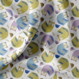 Katoen Print - Owls - Green Blue Lilac