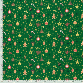 Katoen Print Kerst -  Christmas Balls   - Green  Foil Gold