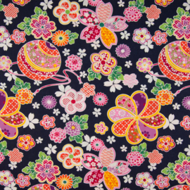 Katoen Poplin Print | Flowers  | Pink - Orange - Black