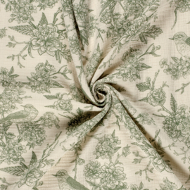 Double Gauze - Flowers and Birds - Olive Green
