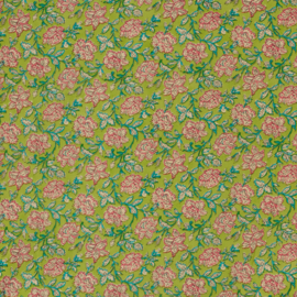 katoen Print - Voile - Batik  - Pink Flowers   - Lime  Green