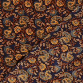 katoen Print - Voile - Batik  -  Paisley    - Dark Blue Terra  Yellow