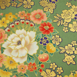 Japanese Floral Print | Kinran - Green - Cotton