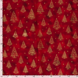 Katoen Print Kerst -  Christmas   Tree - Red  Gold