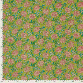 katoen Print - Voile - Batik  - Pink Flowers   - Lime  Green
