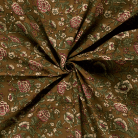 katoen Print - Voile - Batik  - Flowers    - Dark Curry