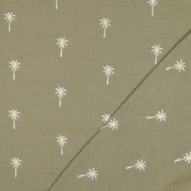 Verhees Textiles - Double Gauze Embroidery - Palm Trees - Army Green