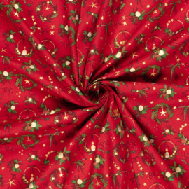 Katoen Print Kerst -  Christmas    - Red Foil Gold