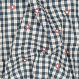 Verhees Katoen viscose - Embroidery  - Check   - Petrol Pink Flowers