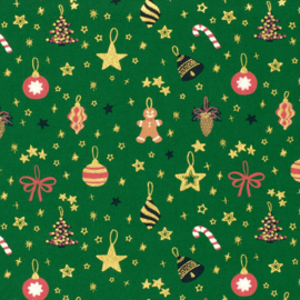 Katoen Print Kerst -  Christmas Balls   - Green  Foil Gold
