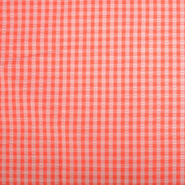 Katoen Seersucker - Checks - Peche Fraise Fluo