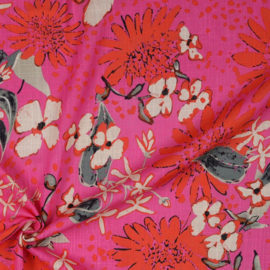 Linnen Viscose Washed - Flowers - Magenta