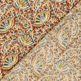 katoen Print - Voile - Batik -  Flowers   - Ochre Red Blue