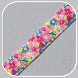 41245 elastisch biaisband bloem klein-roze  15mm
