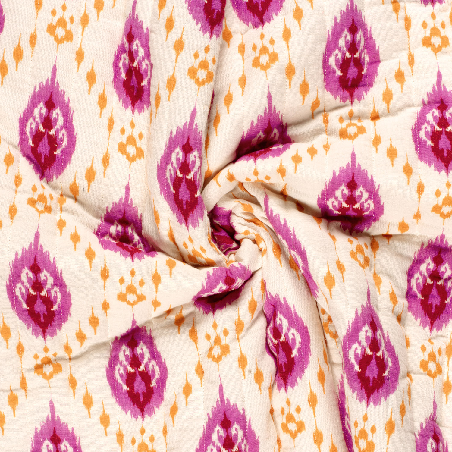 Stepped - Quilted - Ikat Flowers   - Double Sided -  Pink Yellow