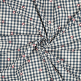 Verhees Katoen viscose - Embroidery  - Check   - Petrol Pink Flowers