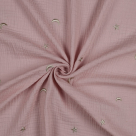 Double Gauze - Embroidery - Moon & Stars - Soft Pink