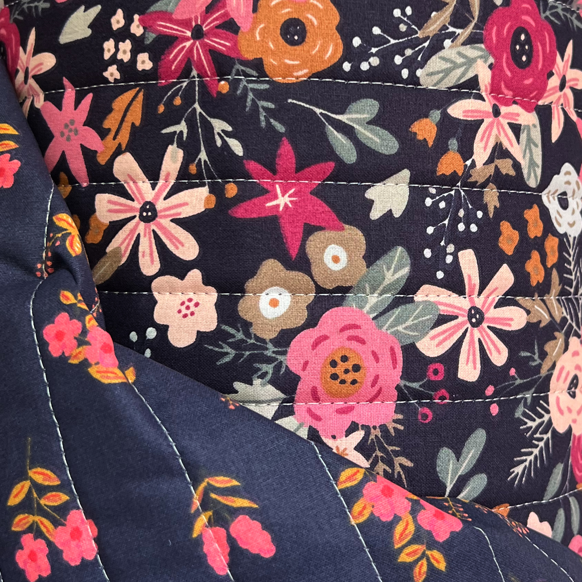 Stepped - Quilted - Flowers   - Double Sided -  Dark Blue*